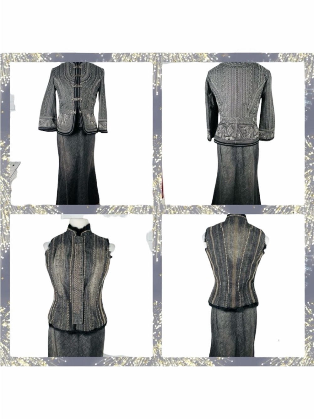 NWT Peter Nygard Gray & Black Faux Fur Embroidered 3-Piece Skirt Suit - Size 6